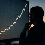 上昇する株価グラフを冷静に見つめる投資家。リバランスでリスクを整えるイメージ。